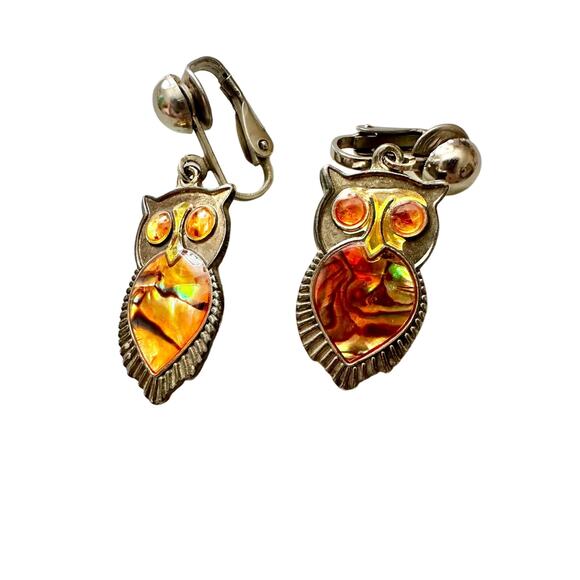 Vintage Owl Clip On Earrings Abalone Shell Yellow Set - Picture 2 of 6
